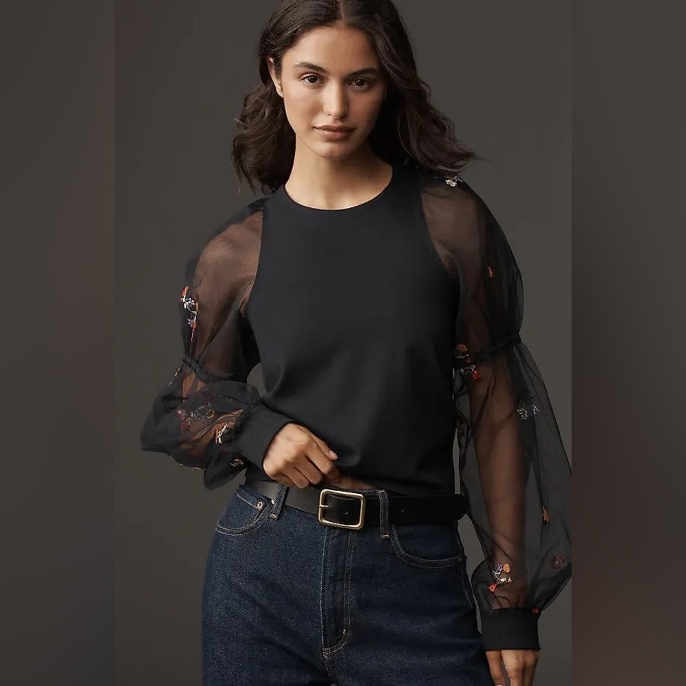 New small Anthropologie Maeve sheer sleeve embroidered top black